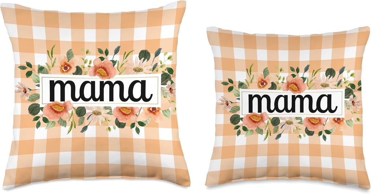 Peach Gingham Check With Peach Flowers For Mama Throw Pillow