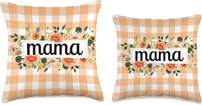 Peach Gingham Check With Peach Flowers For Mama Throw Pillow