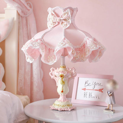 Victorian Pink Table Lamp - Handmade Fabric Shade & Resin Base, Retro Desk Light for Girls' Bedroom, Office, Living Room - European Style Accent Lighting