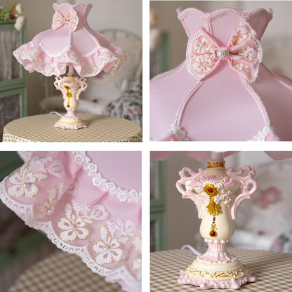 Victorian Pink Table Lamp - Handmade Fabric Shade & Resin Base, Retro Desk Light for Girls' Bedroom, Office, Living Room - European Style Accent Lighting