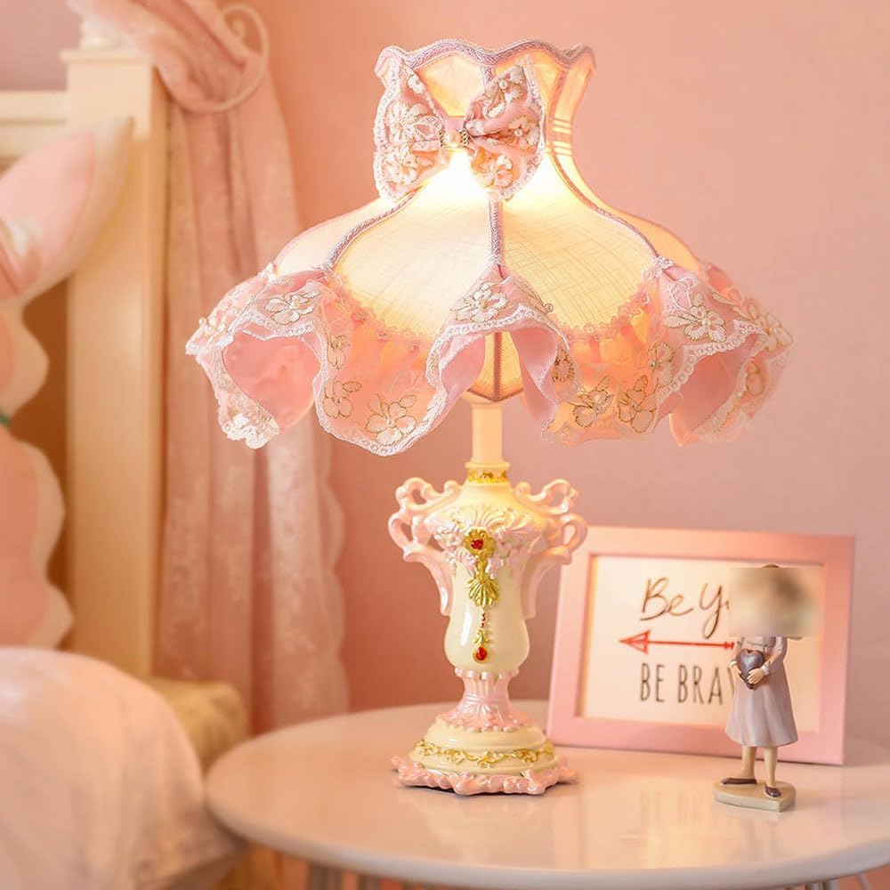 Victorian Pink Table Lamp - Handmade Fabric Shade & Resin Base, Retro Desk Light for Girls' Bedroom, Office, Living Room - European Style Accent Lighting