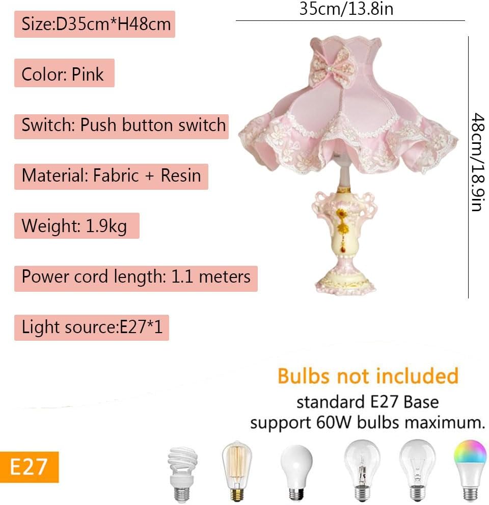 Victorian Pink Table Lamp - Handmade Fabric Shade & Resin Base, Retro Desk Light for Girls' Bedroom, Office, Living Room - European Style Accent Lighting