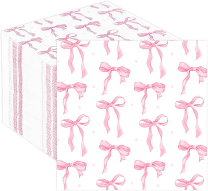 Pink Bow Party Napkins 50 Pack Coquette Bow Theme Party Decorations First Birthday Baby Shower She's Tying the Knot Bachelorette Party Bridal Engagement Decor 6.5"