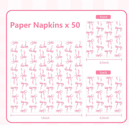 Pink Bow Party Napkins 50 Pack Coquette Bow Theme Party Decorations First Birthday Baby Shower She's Tying the Knot Bachelorette Party Bridal Engagement Decor 6.5"