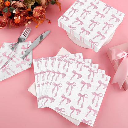 Pink Bow Party Napkins 50 Pack Coquette Bow Theme Party Decorations First Birthday Baby Shower She's Tying the Knot Bachelorette Party Bridal Engagement Decor 6.5"