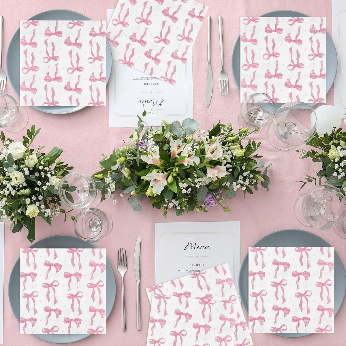 Pink Bow Party Napkins 50 Pack Coquette Bow Theme Party Decorations First Birthday Baby Shower She's Tying the Knot Bachelorette Party Bridal Engagement Decor 6.5"