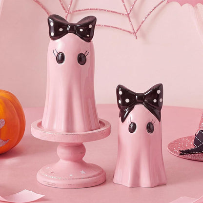 Set of 2 Halloween Ghost Figurines - Pink Ceramic Ghost Statue with Bowknot