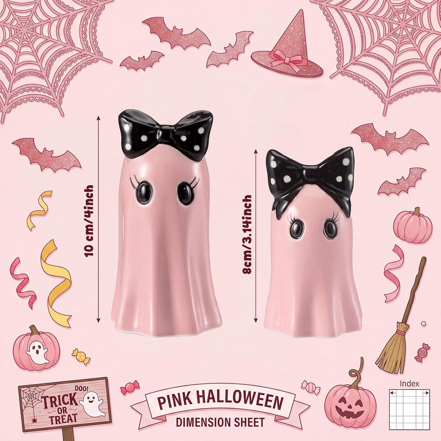 Set of 2 Halloween Ghost Figurines - Pink Ceramic Ghost Statue with Bowknot