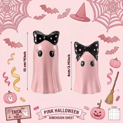 Set of 2 Halloween Ghost Figurines - Pink Ceramic Ghost Statue with Bowknot