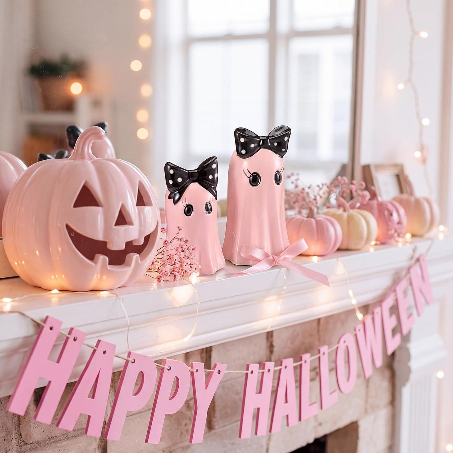 Set of 2 Halloween Ghost Figurines - Pink Ceramic Ghost Statue with Bowknot