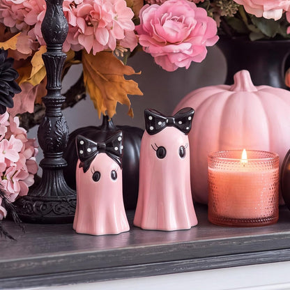 Set of 2 Halloween Ghost Figurines - Pink Ceramic Ghost Statue with Bowknot