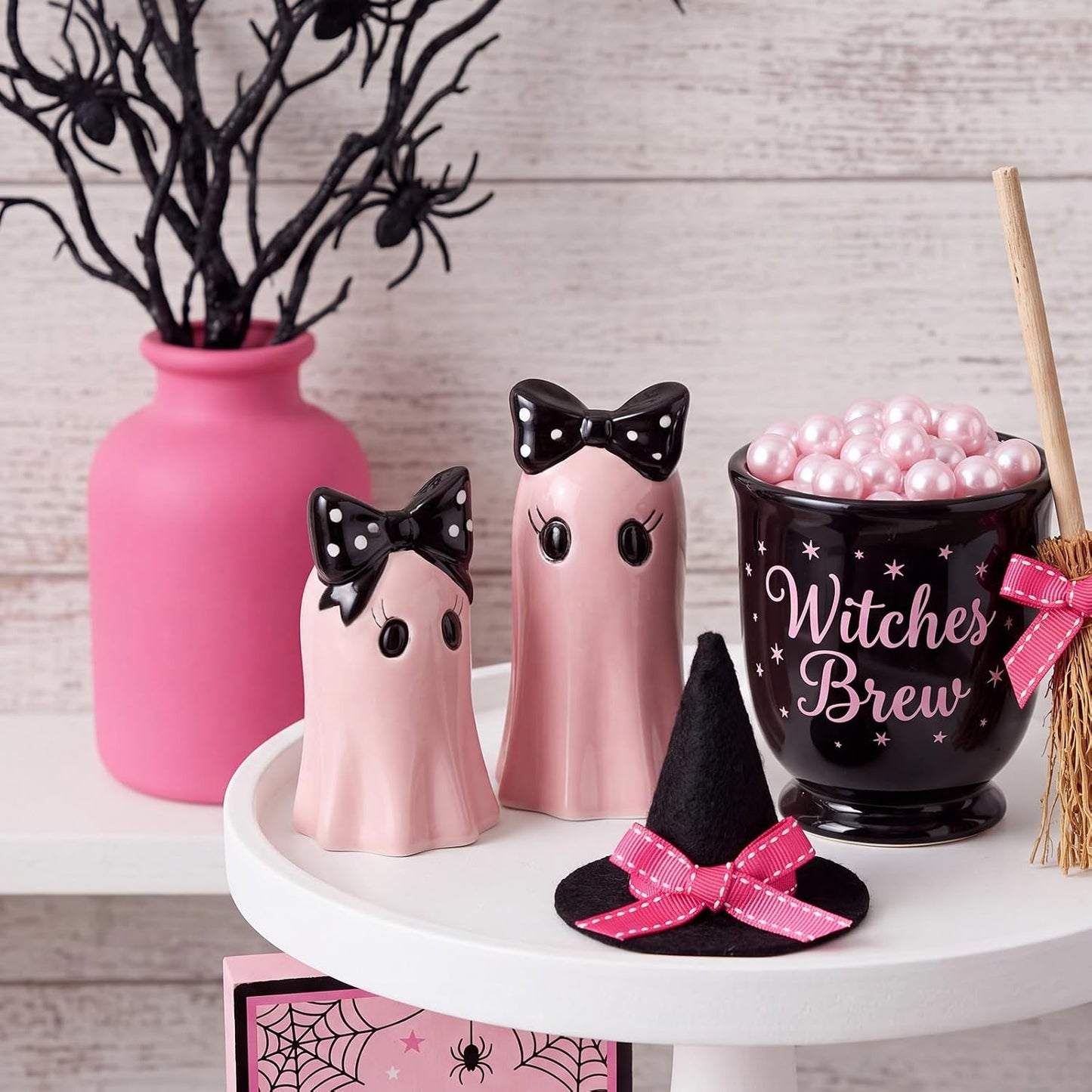 Set of 2 Halloween Ghost Figurines - Pink Ceramic Ghost Statue with Bowknot