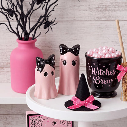 Set of 2 Halloween Ghost Figurines - Pink Ceramic Ghost Statue with Bowknot