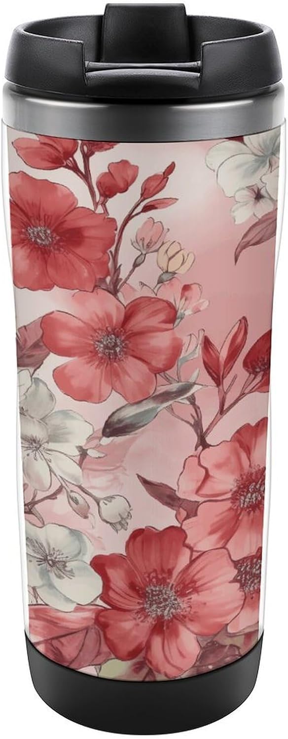 Peach Floral Pattern Stainless Steel Travel Mug, Leak-proof Reusable Thermal Coffee Cup with Lid for Hot & Cold Drinks, Insulated Tumbler for Commuting And Travel