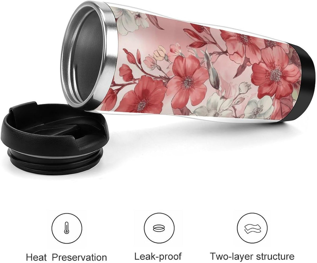 Peach Floral Pattern Stainless Steel Travel Mug, Leak-proof Reusable Thermal Coffee Cup with Lid for Hot & Cold Drinks, Insulated Tumbler for Commuting And Travel