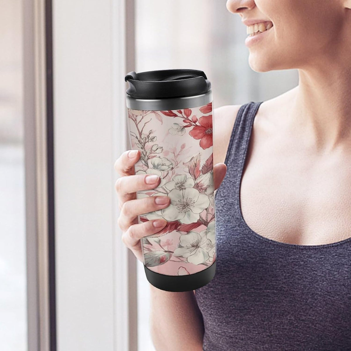 Peach Floral Pattern Stainless Steel Travel Mug, Leak-proof Reusable Thermal Coffee Cup with Lid for Hot & Cold Drinks, Insulated Tumbler for Commuting And Travel