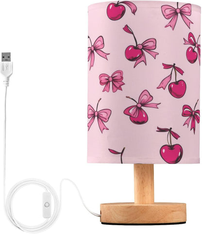 Pink Bows Cherries Girly Table Lamp for Bedroom Bedside Reading Lamp Desk Lamps Cylinder Nightstand Sleeping Light Lamp for Living Room Office Decor