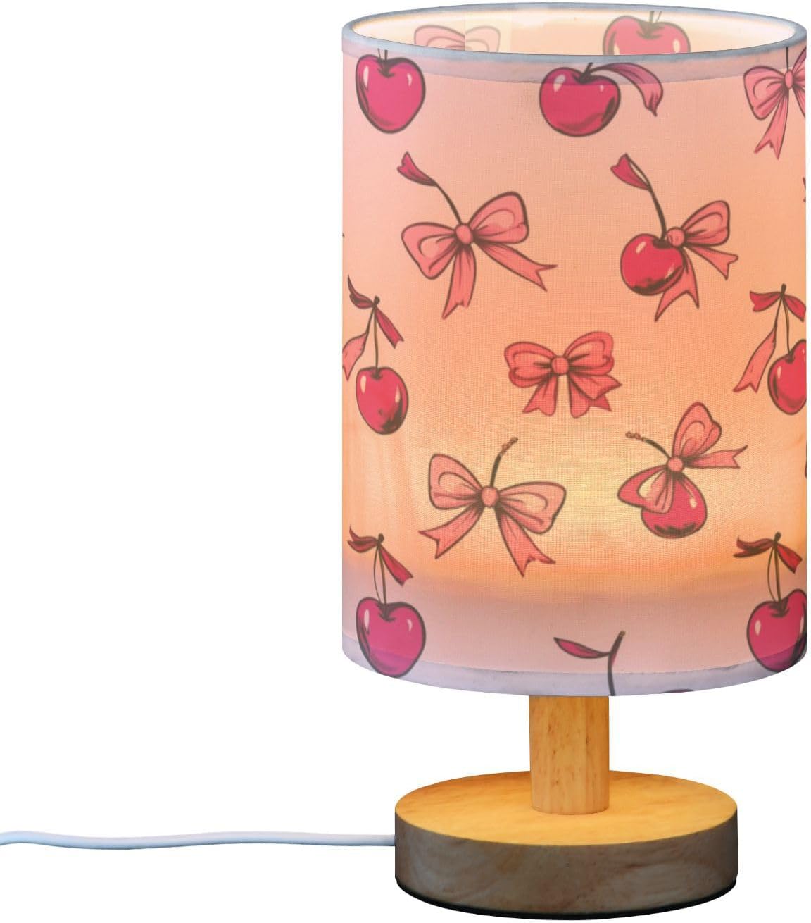 Pink Bows Cherries Girly Table Lamp for Bedroom Bedside Reading Lamp Desk Lamps Cylinder Nightstand Sleeping Light Lamp for Living Room Office Decor