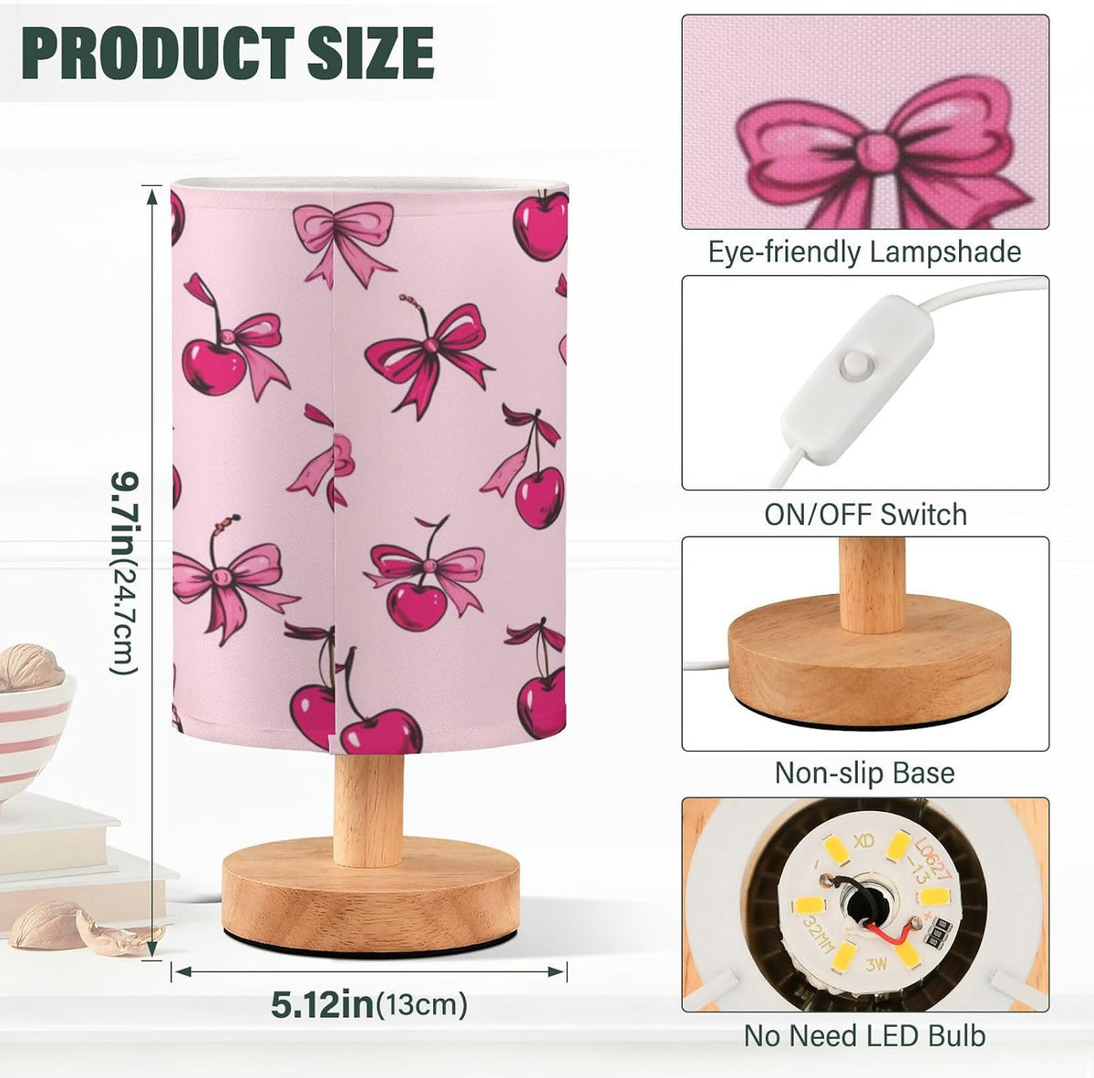 Pink Bows Cherries Girly Table Lamp for Bedroom Bedside Reading Lamp Desk Lamps Cylinder Nightstand Sleeping Light Lamp for Living Room Office Decor