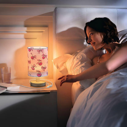 Pink Bows Cherries Girly Table Lamp for Bedroom Bedside Reading Lamp Desk Lamps Cylinder Nightstand Sleeping Light Lamp for Living Room Office Decor
