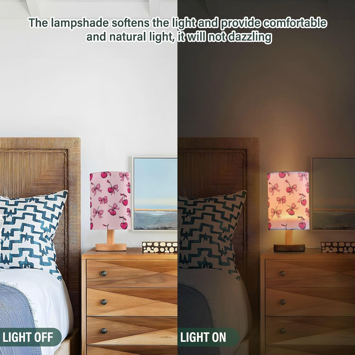 Pink Bows Cherries Girly Table Lamp for Bedroom Bedside Reading Lamp Desk Lamps Cylinder Nightstand Sleeping Light Lamp for Living Room Office Decor