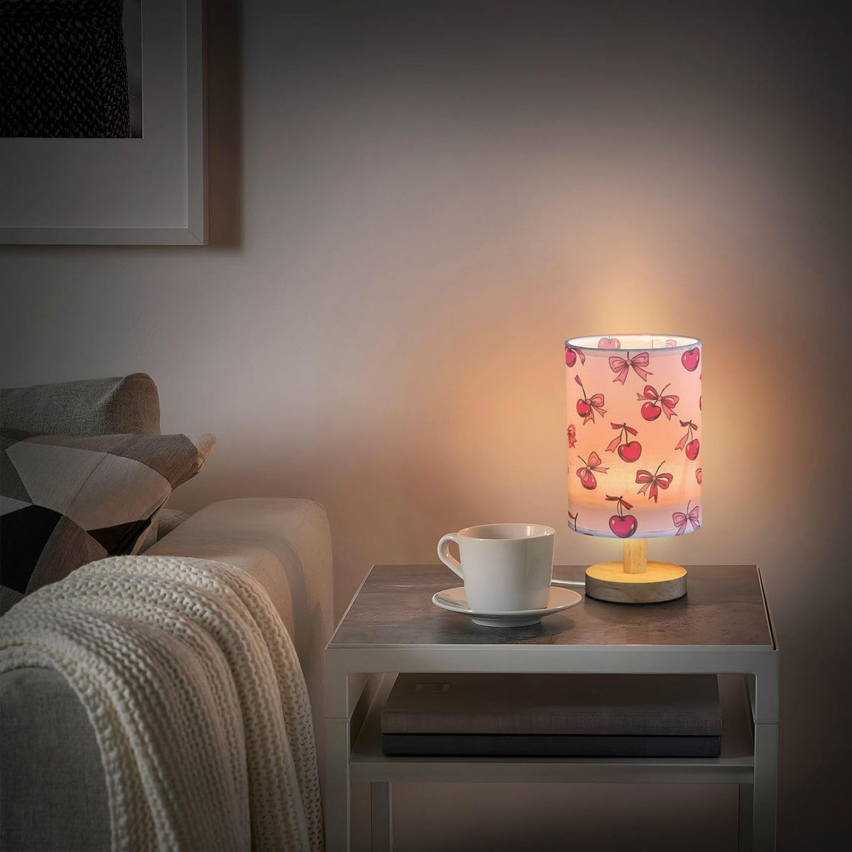 Pink Bows Cherries Girly Table Lamp for Bedroom Bedside Reading Lamp Desk Lamps Cylinder Nightstand Sleeping Light Lamp for Living Room Office Decor
