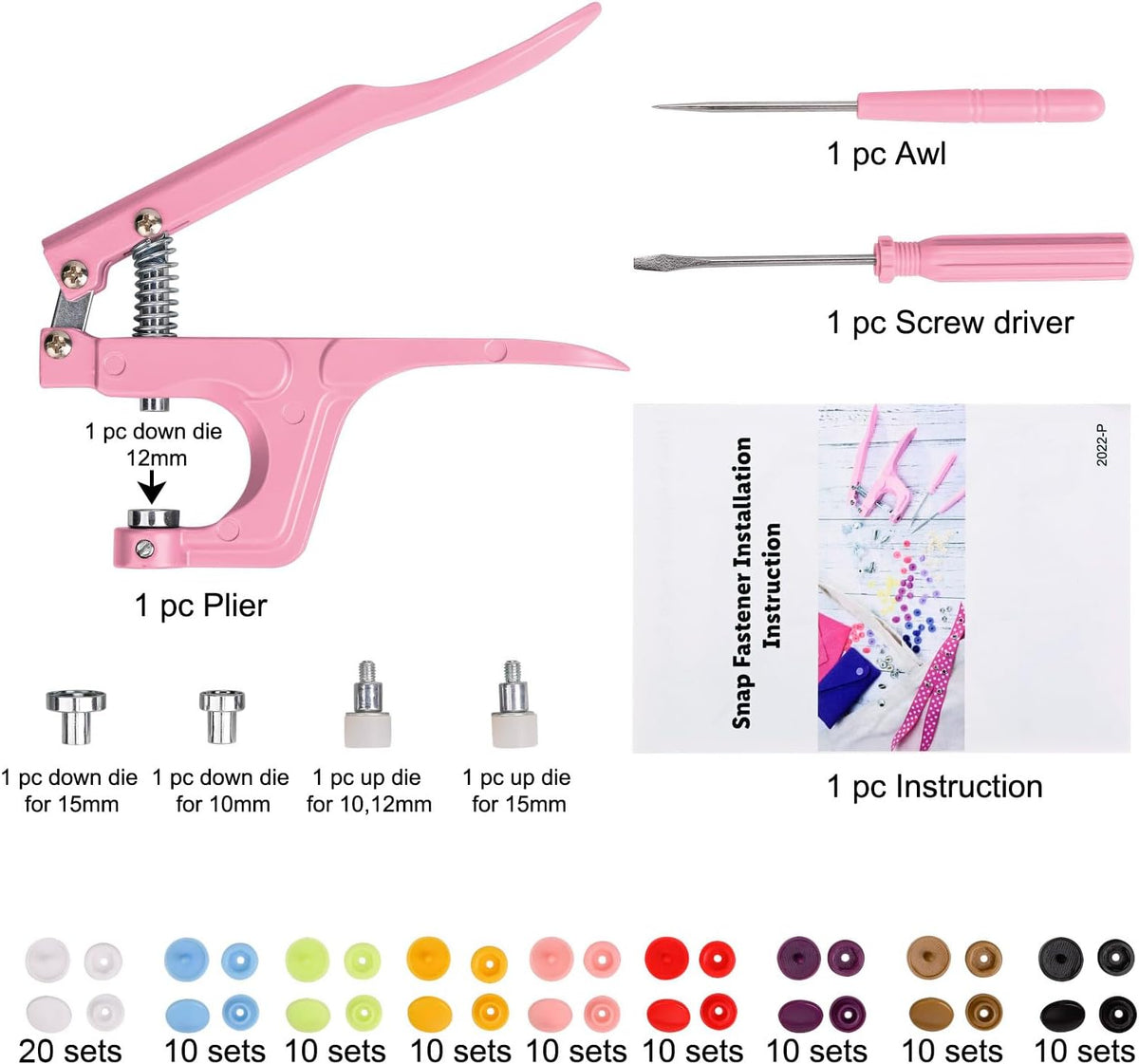 Plastic Snap Fastener Kit with Plier, Pink