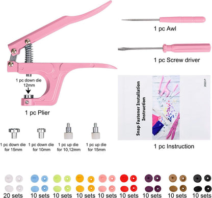 Plastic Snap Fastener Kit with Plier, Pink
