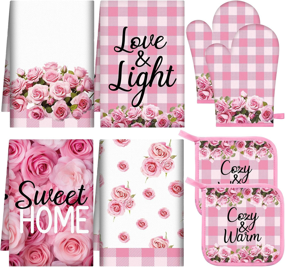 8Pcs Pink Rose Kitchen Oven Mitt Dish Towels Potholders Set Pink Rose Oven Glove Pot Holder Set Absorbent Gloves Potholders Heat Resistant for Cooking Baking Gifting BBQ Kitchen Accessories