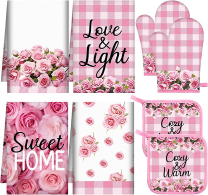8Pcs Pink Rose Kitchen Oven Mitt Dish Towels Potholders Set Pink Rose Oven Glove Pot Holder Set Absorbent Gloves Potholders Heat Resistant for Cooking Baking Gifting BBQ Kitchen Accessories