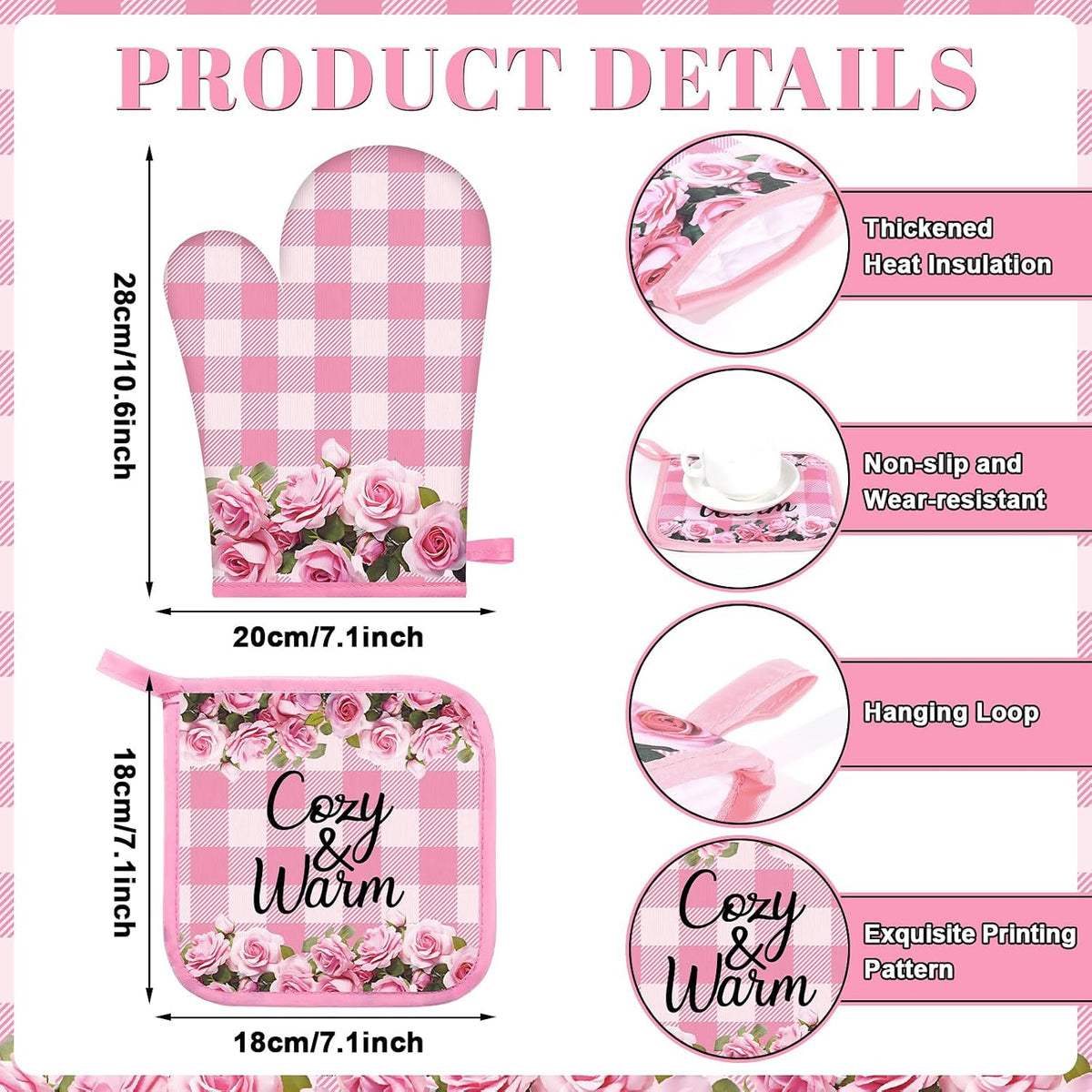 8Pcs Pink Rose Kitchen Oven Mitt Dish Towels Potholders Set Pink Rose Oven Glove Pot Holder Set Absorbent Gloves Potholders Heat Resistant for Cooking Baking Gifting BBQ Kitchen Accessories