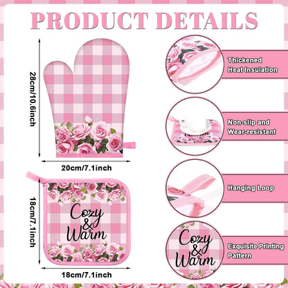 8Pcs Pink Rose Kitchen Oven Mitt Dish Towels Potholders Set Pink Rose Oven Glove Pot Holder Set Absorbent Gloves Potholders Heat Resistant for Cooking Baking Gifting BBQ Kitchen Accessories
