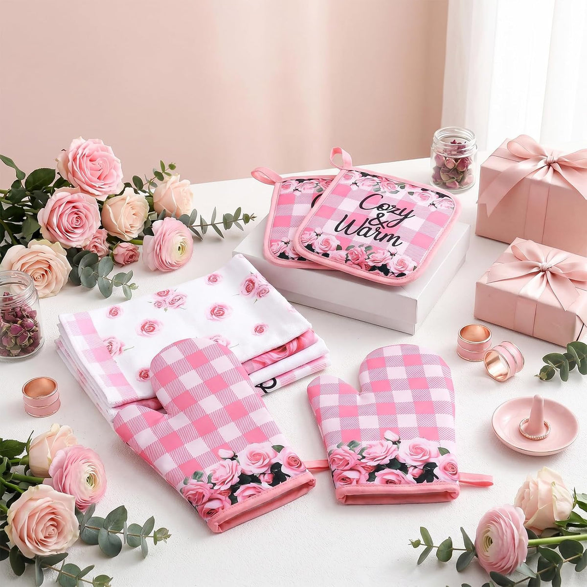 8Pcs Pink Rose Kitchen Oven Mitt Dish Towels Potholders Set Pink Rose Oven Glove Pot Holder Set Absorbent Gloves Potholders Heat Resistant for Cooking Baking Gifting BBQ Kitchen Accessories