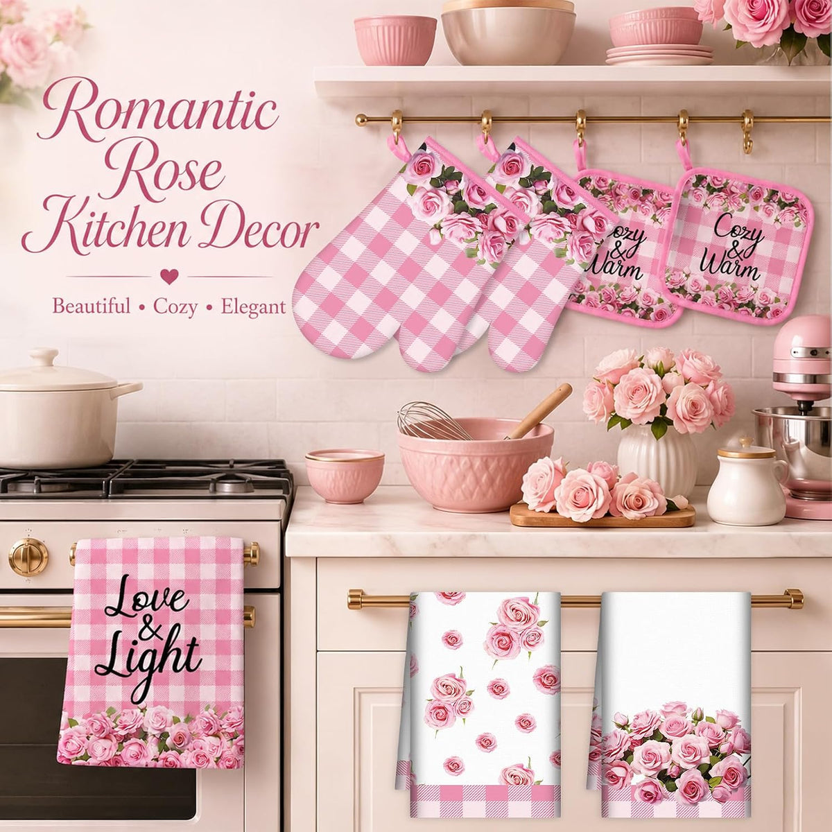 8Pcs Pink Rose Kitchen Oven Mitt Dish Towels Potholders Set Pink Rose Oven Glove Pot Holder Set Absorbent Gloves Potholders Heat Resistant for Cooking Baking Gifting BBQ Kitchen Accessories
