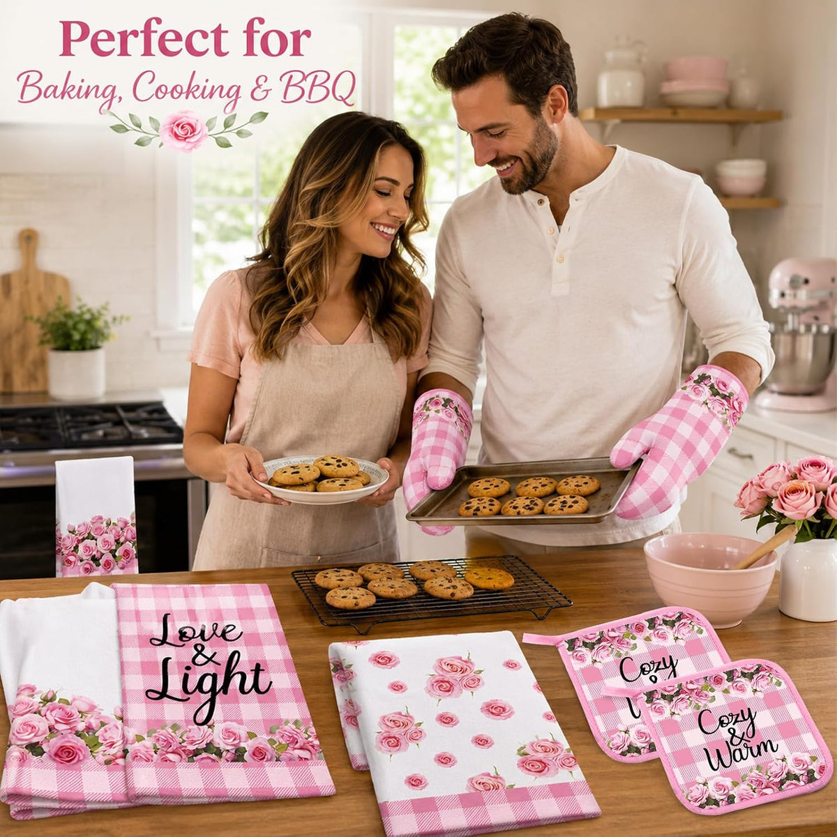 8Pcs Pink Rose Kitchen Oven Mitt Dish Towels Potholders Set Pink Rose Oven Glove Pot Holder Set Absorbent Gloves Potholders Heat Resistant for Cooking Baking Gifting BBQ Kitchen Accessories