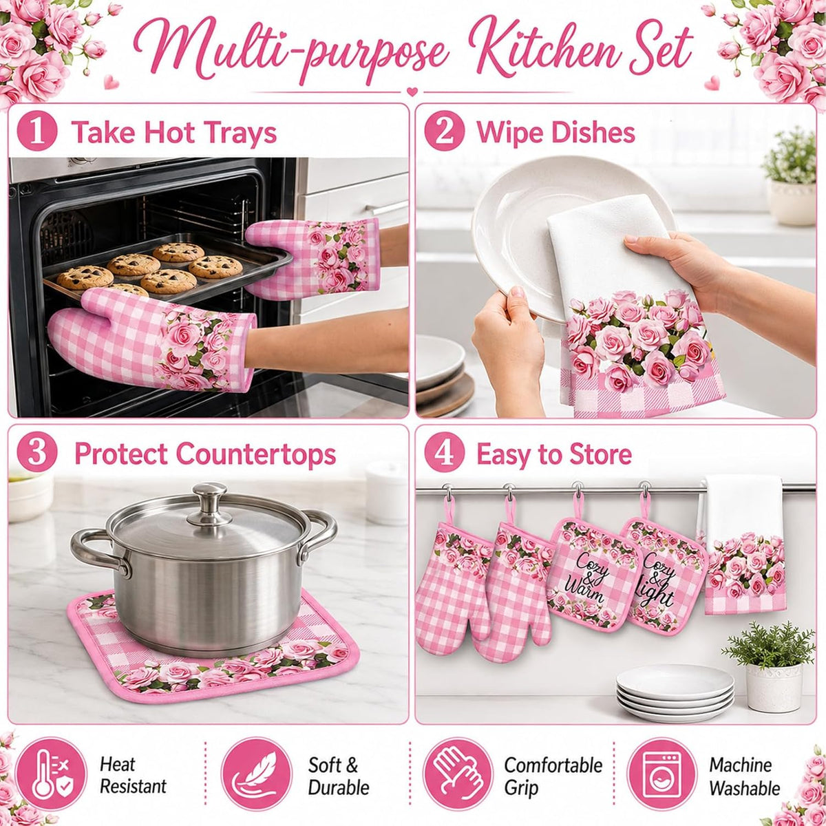 8Pcs Pink Rose Kitchen Oven Mitt Dish Towels Potholders Set Pink Rose Oven Glove Pot Holder Set Absorbent Gloves Potholders Heat Resistant for Cooking Baking Gifting BBQ Kitchen Accessories
