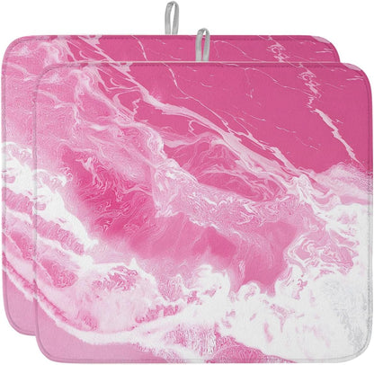 Pink Sea Dish Drying Mat 2 Pack, Modern Abstract Pink White Marble Water Ripples Absorbent Heat Insulating Kitchen Drying Pad Drainer Mats for Sink Counter Pot Dishes 16 X 18 Inch