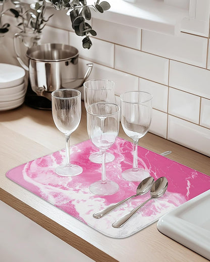 Pink Sea Dish Drying Mat 2 Pack, Modern Abstract Pink White Marble Water Ripples Absorbent Heat Insulating Kitchen Drying Pad Drainer Mats for Sink Counter Pot Dishes 16 X 18 Inch