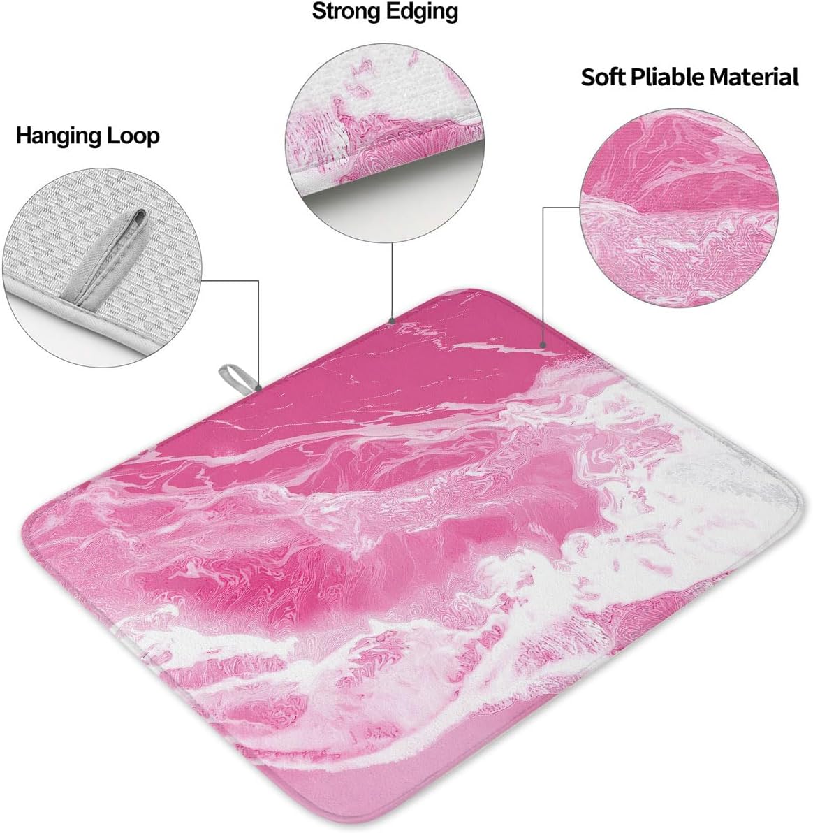 Pink Sea Dish Drying Mat 2 Pack, Modern Abstract Pink White Marble Water Ripples Absorbent Heat Insulating Kitchen Drying Pad Drainer Mats for Sink Counter Pot Dishes 16 X 18 Inch