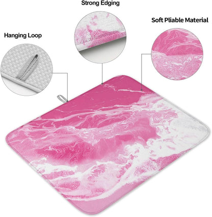 Pink Sea Dish Drying Mat 2 Pack, Modern Abstract Pink White Marble Water Ripples Absorbent Heat Insulating Kitchen Drying Pad Drainer Mats for Sink Counter Pot Dishes 16 X 18 Inch