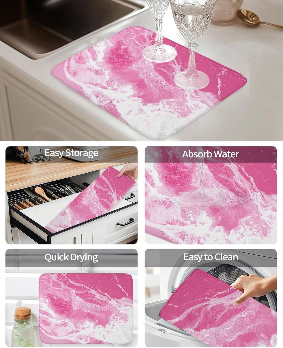 Pink Sea Dish Drying Mat 2 Pack, Modern Abstract Pink White Marble Water Ripples Absorbent Heat Insulating Kitchen Drying Pad Drainer Mats for Sink Counter Pot Dishes 16 X 18 Inch