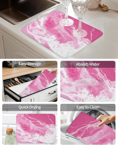 Pink Sea Dish Drying Mat 2 Pack, Modern Abstract Pink White Marble Water Ripples Absorbent Heat Insulating Kitchen Drying Pad Drainer Mats for Sink Counter Pot Dishes 16 X 18 Inch
