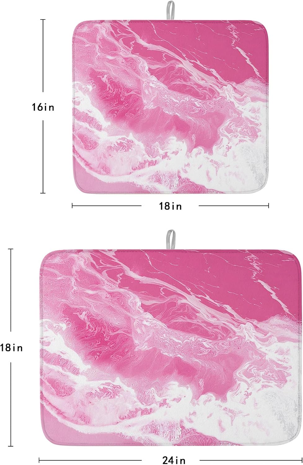 Pink Sea Dish Drying Mat 2 Pack, Modern Abstract Pink White Marble Water Ripples Absorbent Heat Insulating Kitchen Drying Pad Drainer Mats for Sink Counter Pot Dishes 16 X 18 Inch