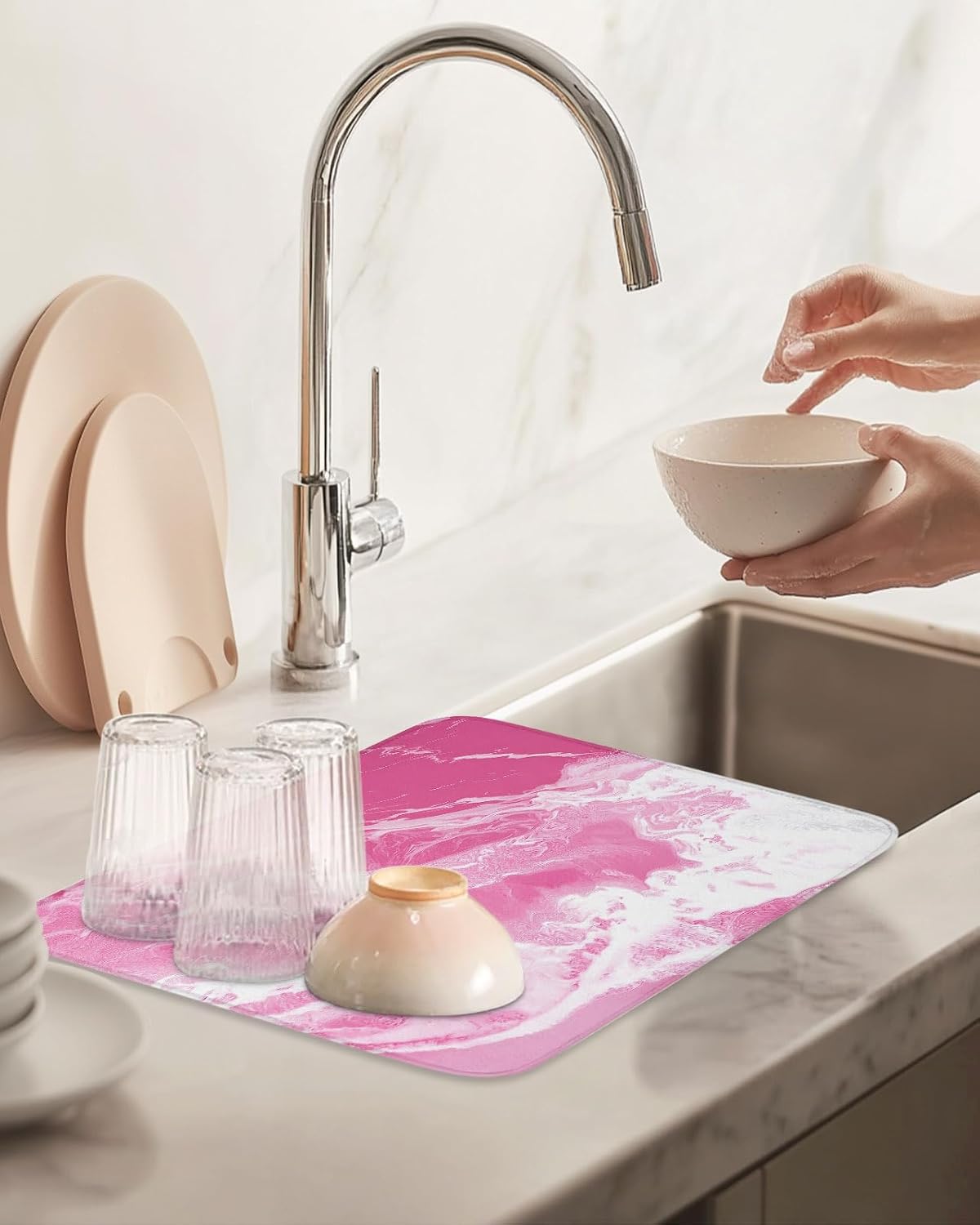 Pink Sea Dish Drying Mat 2 Pack, Modern Abstract Pink White Marble Water Ripples Absorbent Heat Insulating Kitchen Drying Pad Drainer Mats for Sink Counter Pot Dishes 16 X 18 Inch