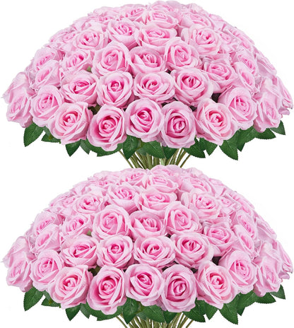 Pink Roses Artificial Flowers 50 Pcs Fake Velvet Silk Rose Floral