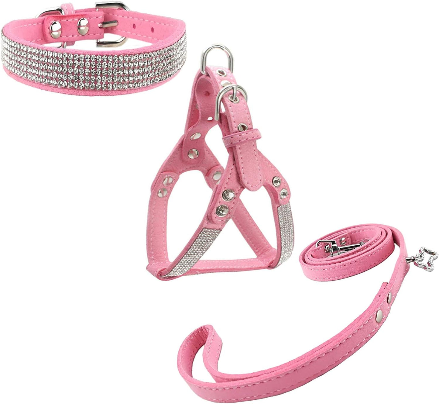 Dog Collar & Harness & Lead Sets Fashion Dog Collar Diamante with Harness & Leashes Comfortable Soft Collar Harness and Leashes Set for Dog - Pink - S