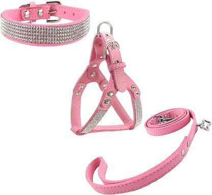Dog Collar & Harness & Lead Sets Fashion Dog Collar Diamante with Harness & Leashes Comfortable Soft Collar Harness and Leashes Set for Dog - Pink - S
