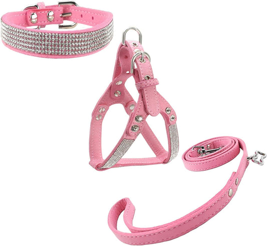 Dog Collar & Harness & Lead Sets Fashion Dog Collar Diamante with Harness & Leashes Comfortable Soft Collar Harness and Leashes Set for Dog - Pink - S