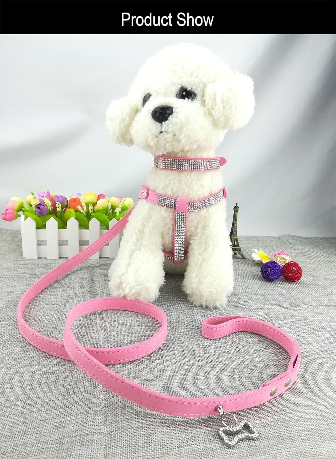 Dog Collar & Harness & Lead Sets Fashion Dog Collar Diamante with Harness & Leashes Comfortable Soft Collar Harness and Leashes Set for Dog - Pink - S