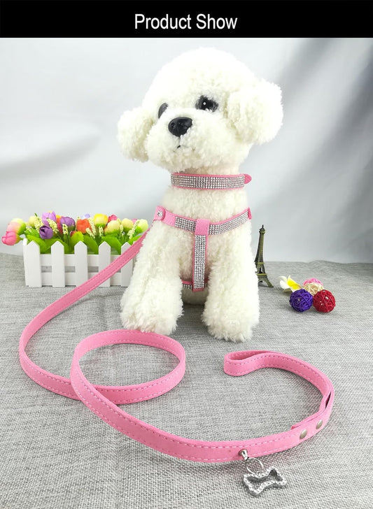 Dog Collar & Harness & Lead Sets Fashion Dog Collar Diamante with Harness & Leashes Comfortable Soft Collar Harness and Leashes Set for Dog - Pink - S